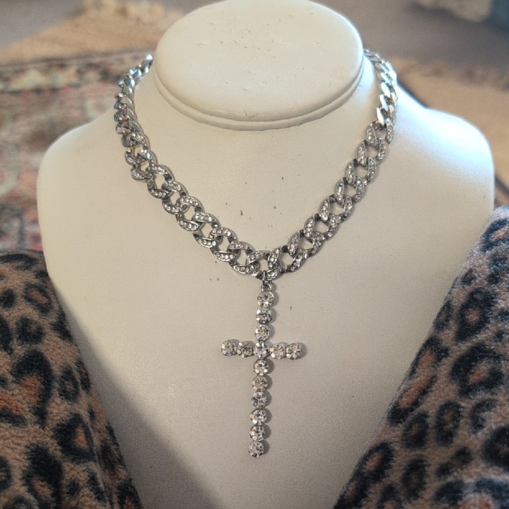 Ice Out Silver Tone CZ Cross W Cuban Chain